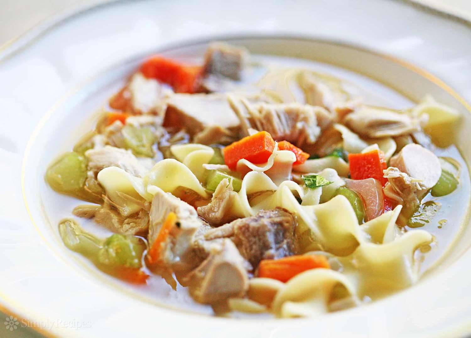 Un bol de soupe aux nouilles de dinde.