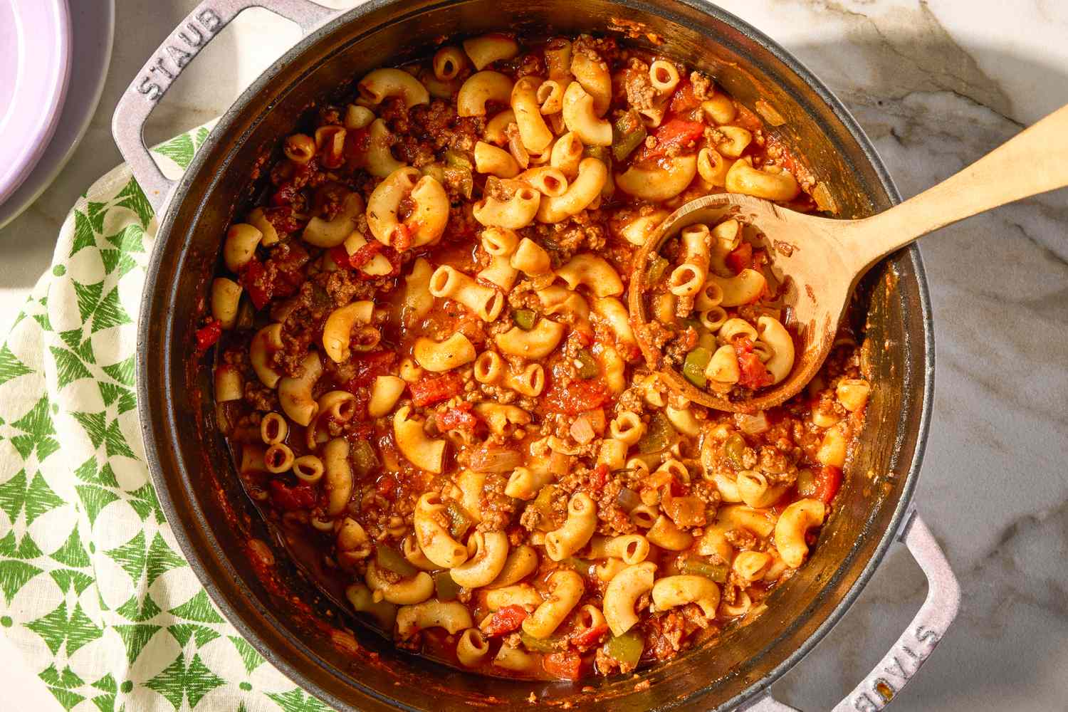overhead view of a pot of American Chop Suey