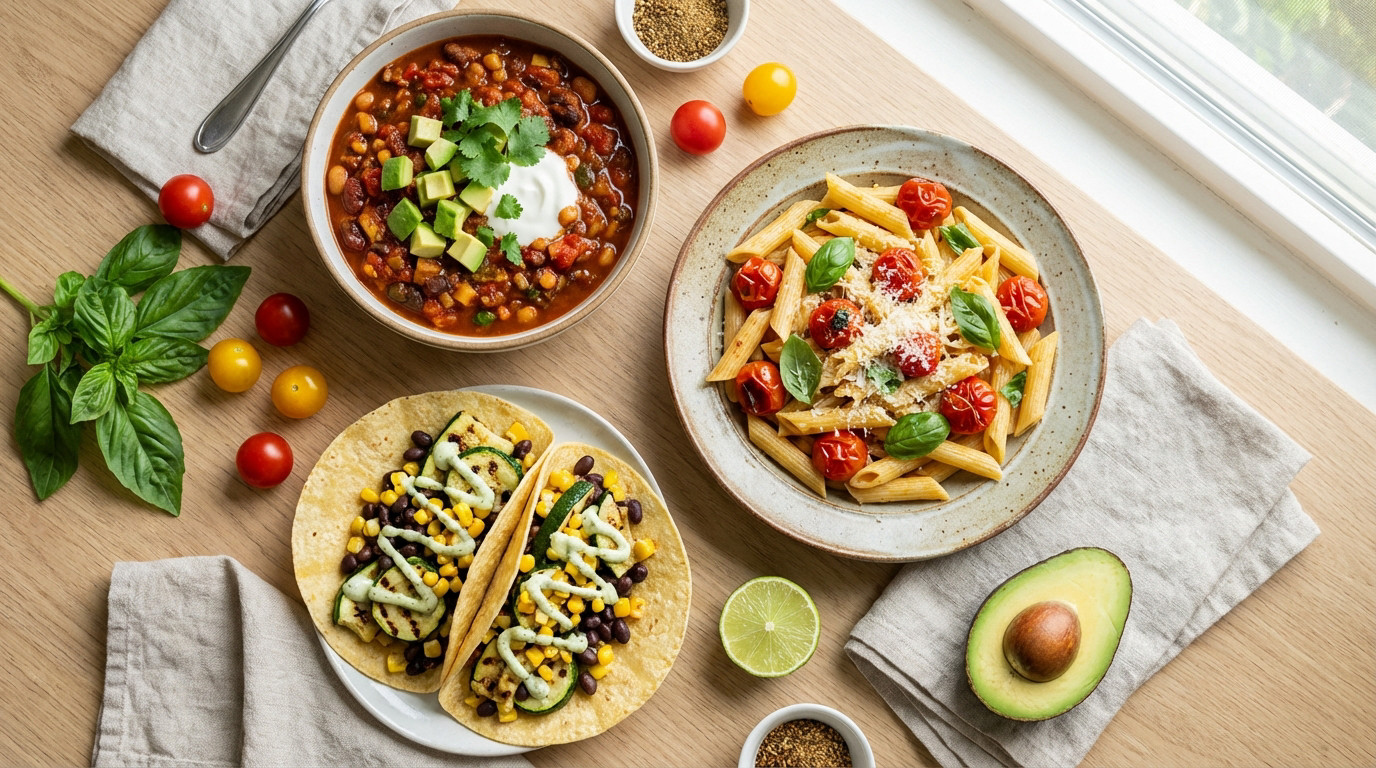 Vibrant flat lay of vegetarian chili, pasta, and tacos with fresh produce on a wooden table, showcasing healthy, quick meals.