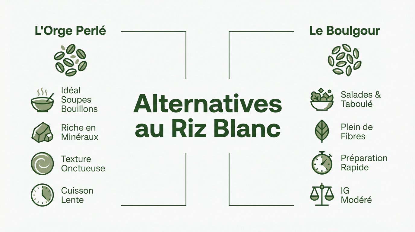 Sélection de céréales variées incluant orge et boulgour pour remplacer le riz blanc