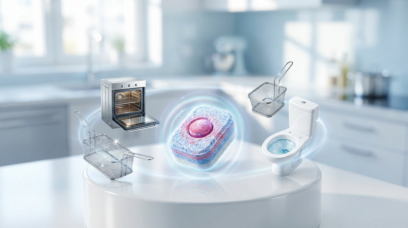 Glowing cleaning tablet surrounded by miniature sparkling oven, deep fryer baskets, and a toilet, symbolizing versatile cleaning.