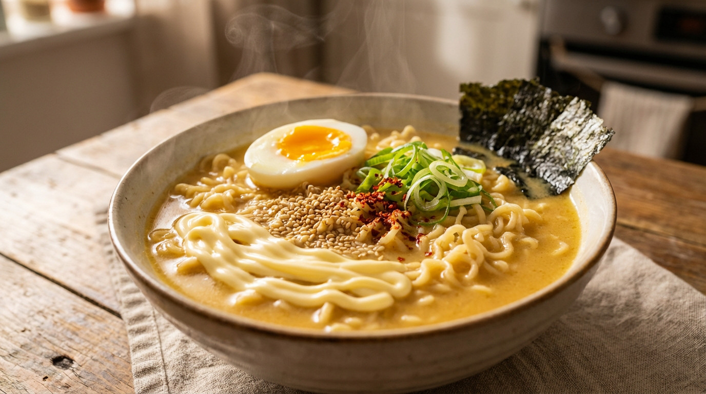 Bol de ramen fumant avec bouillon crémeux, nouilles, œuf à la coque, mayonnaise Kewpie, sésame, oignons verts et nori.