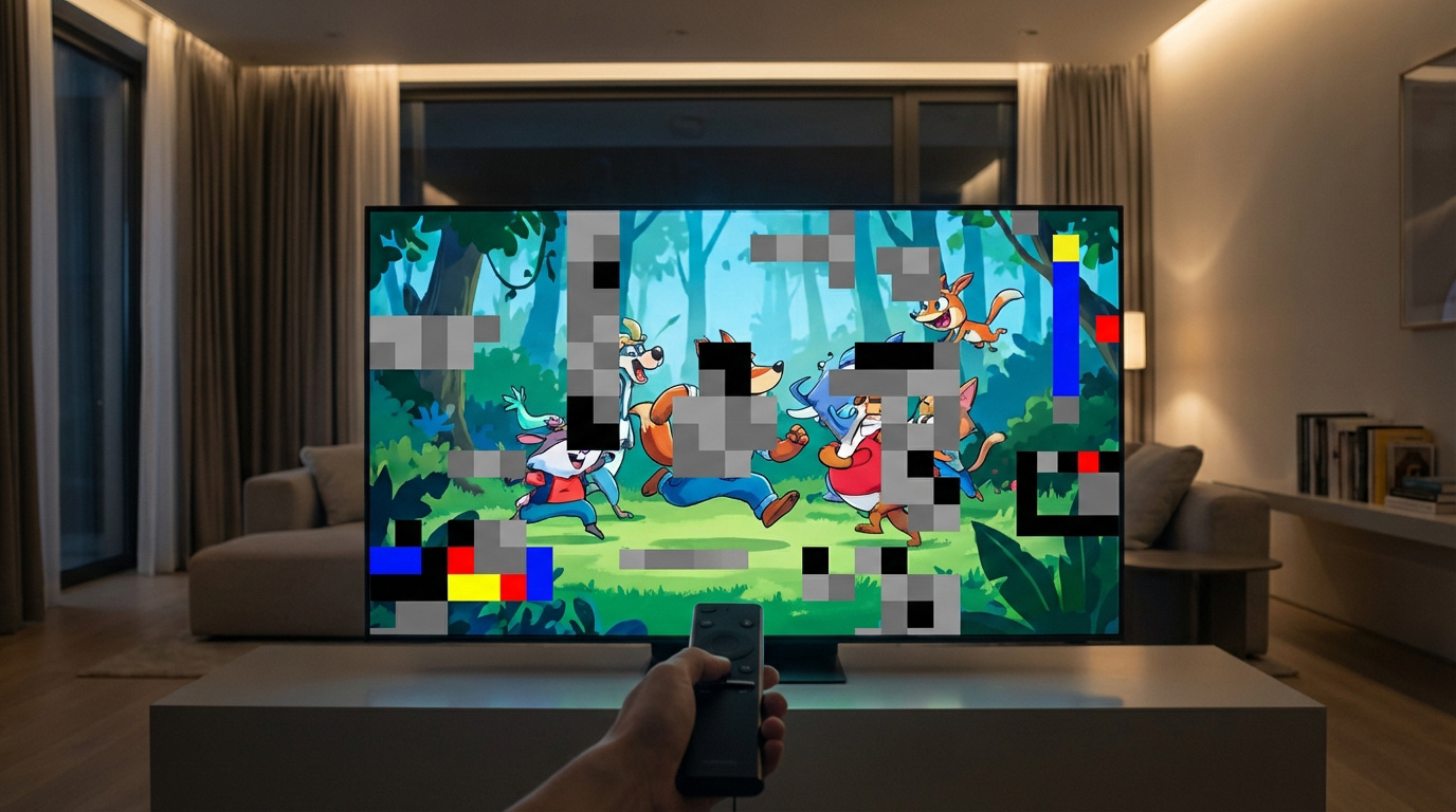 Main tenant une télécommande devant une télévision affichant un dessin animé d'animaux pixelisé par des blocs de censure gris et noirs.