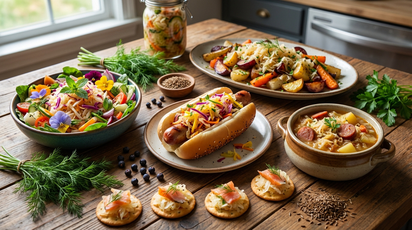 Table en bois avec salade de choucroute, hot-dog, légumes rôtis, soupe et canapés. Une jarre de légumes fermentés à l'arrière.