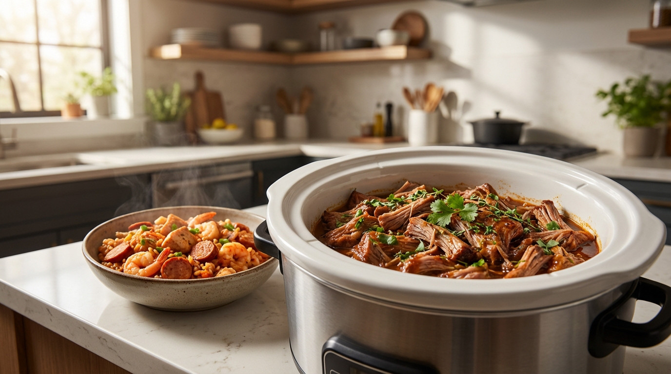 Open slow cooker with steaming pulled pork and a bowl of jambalaya with chicken, sausage, shrimp on a kitchen counter.