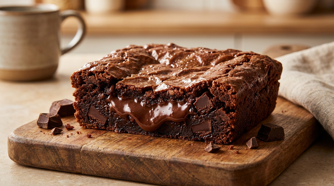 A close-up shot of a rich chocolate brownie, cut open to show a gooey melted chocolate center and dark chocolate chunks on a wooden board. Blurred kitchen background.