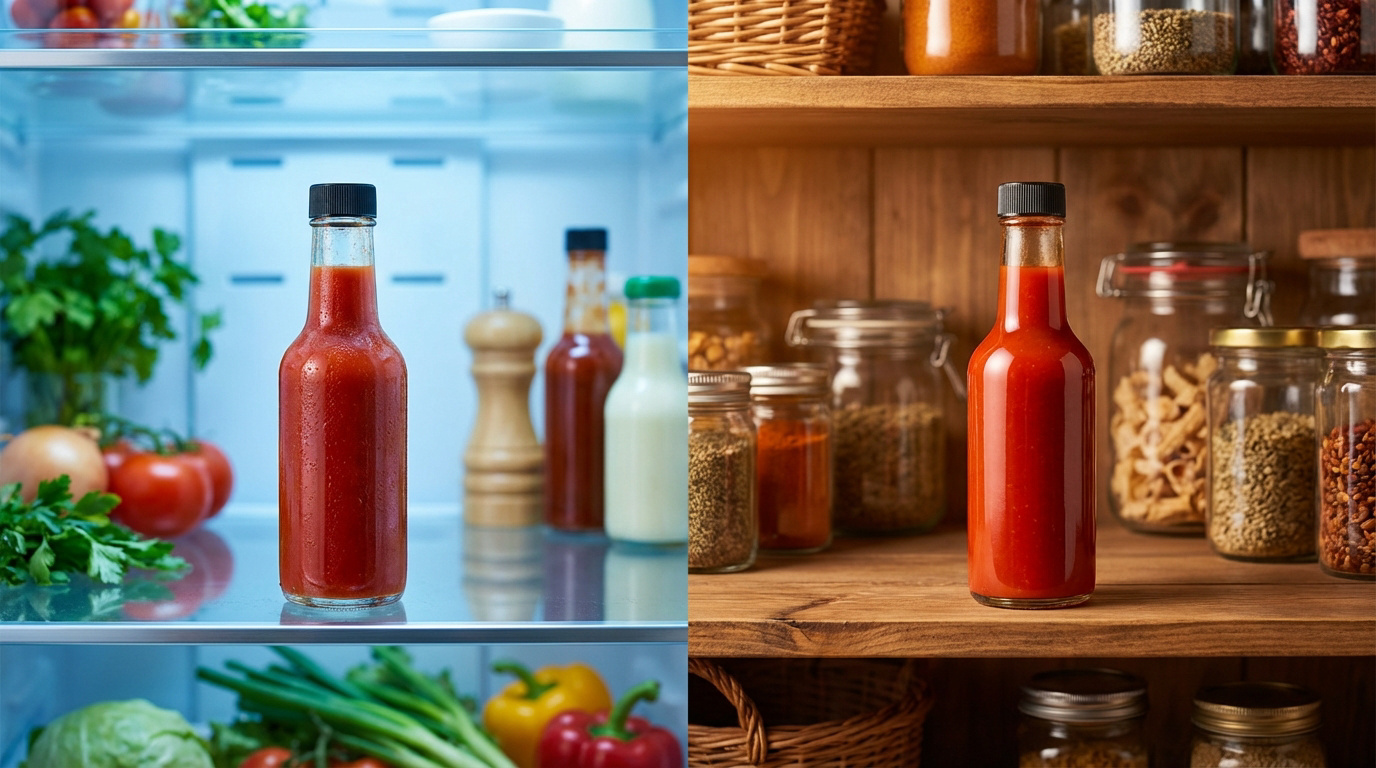 Image divisée : à gauche, une bouteille de sauce piquante au frais dans un réfrigérateur ; à droite, la même sauce dans un garde-manger.