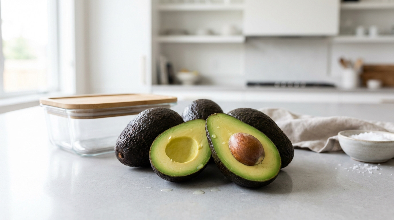 Several fresh green avocados, one sliced open revealing its pit, on a light kitchen counter next to a food container and salt. Soft light.