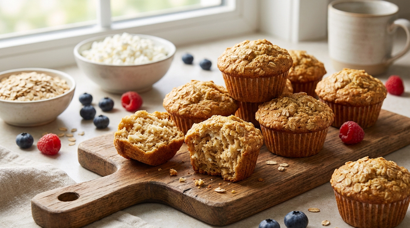 Golden cottage cheese and oat muffins on a rustic board, with bowls of oats and cottage cheese, plus berries in the background.