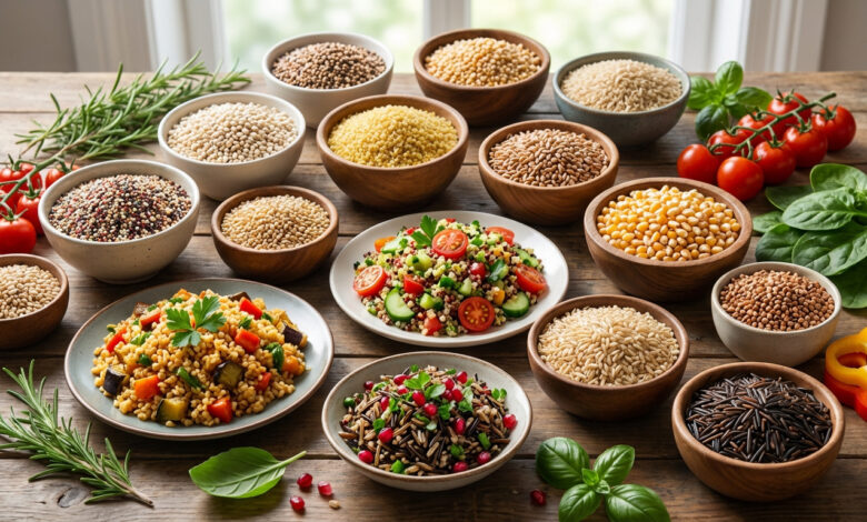 Une table en bois remplie de bols de céréales anciennes variées, de salades de céréales, de légumes frais et d'herbes aromatiques.