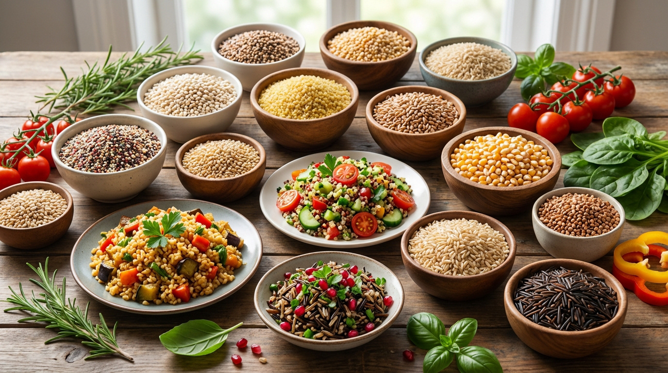 Une table en bois remplie de bols de céréales anciennes variées, de salades de céréales, de légumes frais et d'herbes aromatiques.