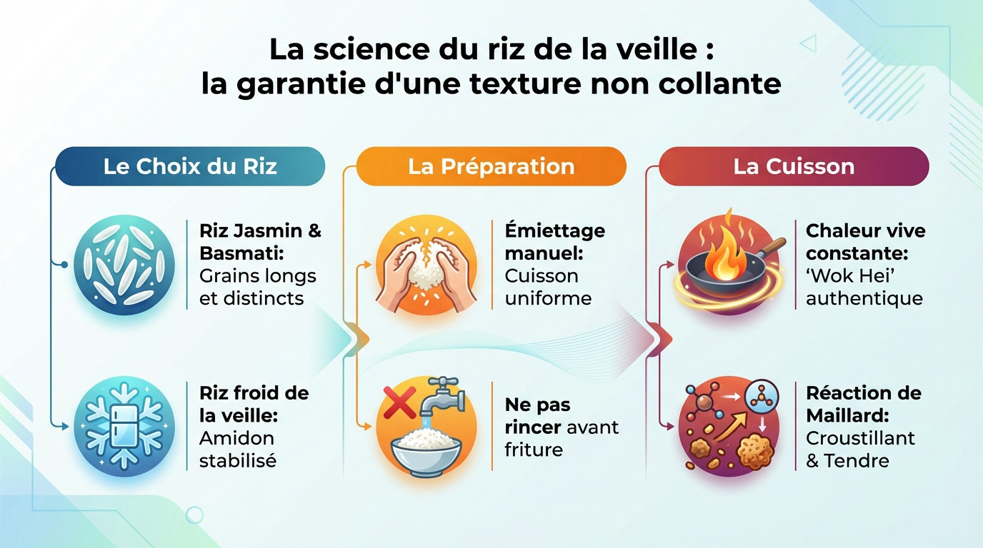 Riz frit doré et parfaitement détaché dans un wok