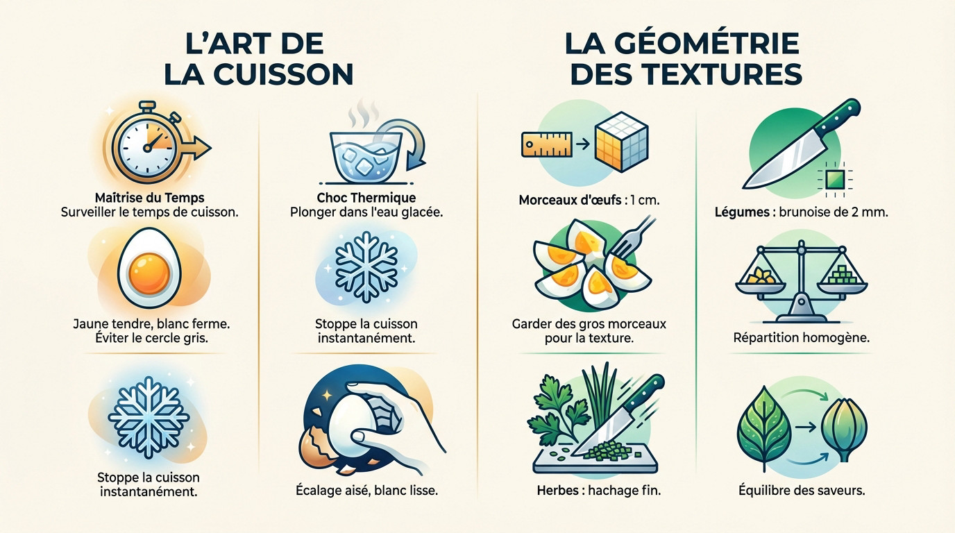 Œufs durs parfaits et céleri finement coupé sur une planche à découper