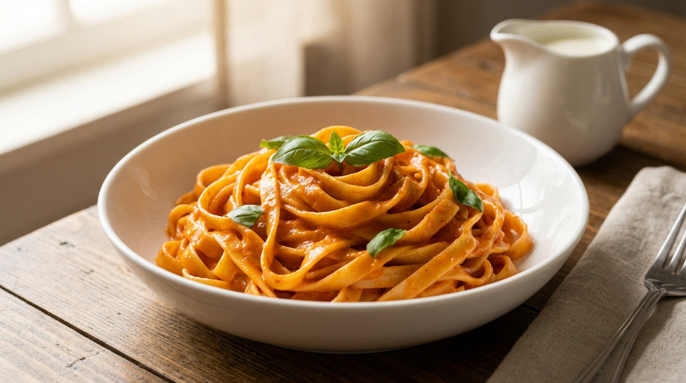 A close-up of creamy fettuccine pasta with orange-red marinara sauce and fresh basil, on a rustic wooden table with a creamer in the soft-focused background.