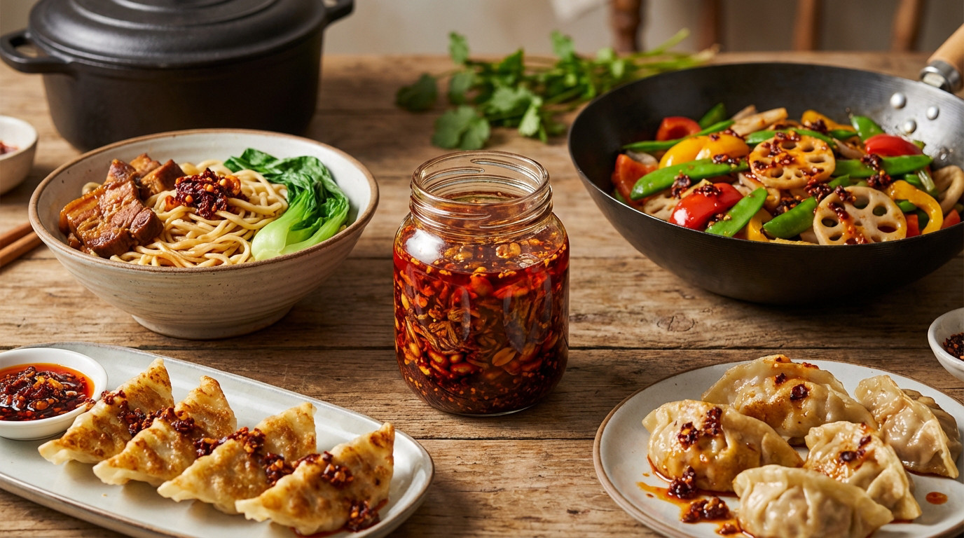Bocal de Laoganma chili crisp central avec nouilles, légumes sautés et raviolis servis, tous relevés de sauce pimentée.