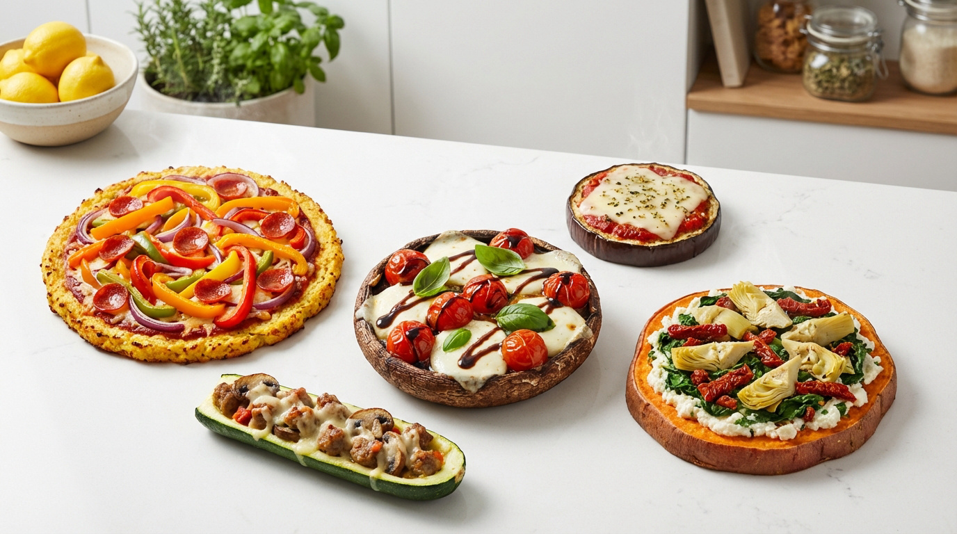 Diverses pizzas sans pâte sur un comptoir blanc, incluant des bases de chou-fleur, courgette, champignon, aubergine et patate douce.