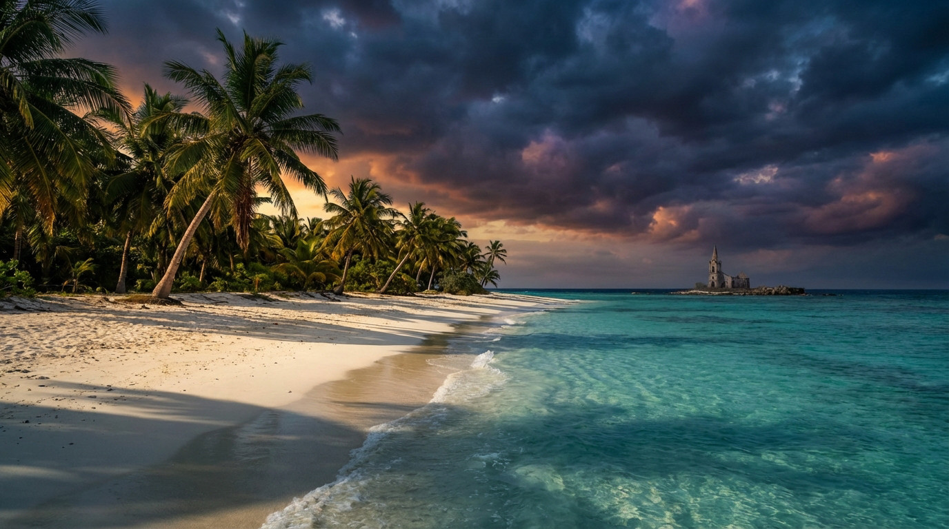 Plage tropicale avec palmiers, sable blanc et mer turquoise. Ciel orageux dramatique, une église en ruine sur un îlot lointain.