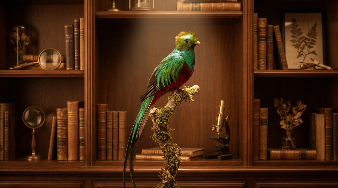 Quetzal empaillé avec plumage vert et rouge sur branche moussue, dans une bibliothèque sombre avec livres, loupe, microscope.