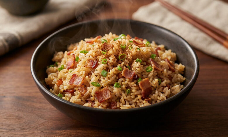 Bol de riz frit fumant avec du bacon croustillant, oignons verts et épices, posé sur une table en bois avec des baguettes en arrière-plan.