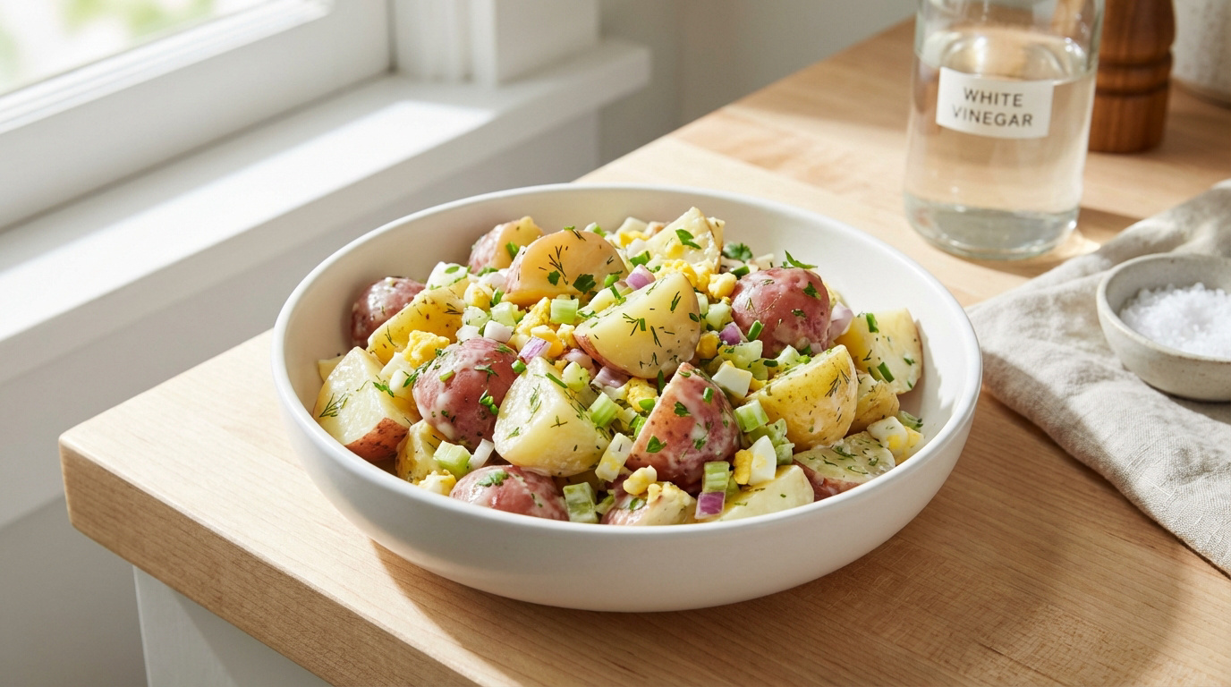Bol de salade de pommes de terre avec pommes de terre rouges et jaunes, céleri, œufs et herbes, près d'une bouteille de vinaigre.