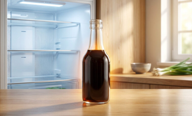 Bouteille de sauce soja marron sur un comptoir en bois, devant un réfrigérateur ouvert et vide, avec des oignons verts à droite.