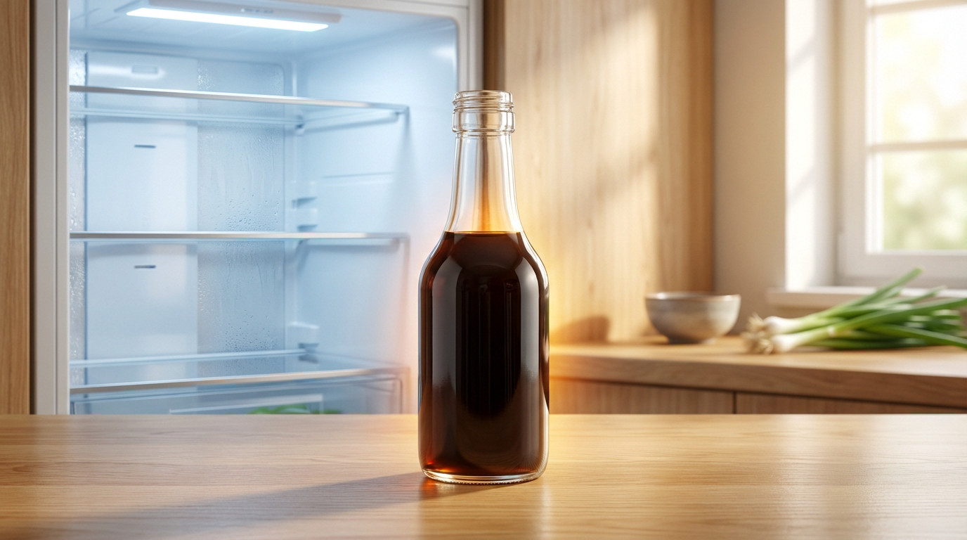 Bouteille de sauce soja marron sur un comptoir en bois, devant un réfrigérateur ouvert et vide, avec des oignons verts à droite.