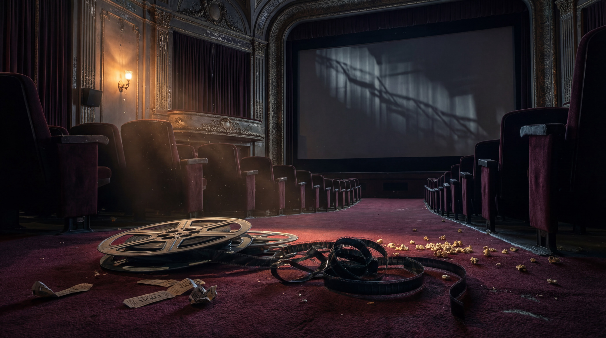 Intérieur d'un ancien cinéma désert : sièges rouges vides, bobines, tickets et pop-corn au sol. L'écran projette des ombres.