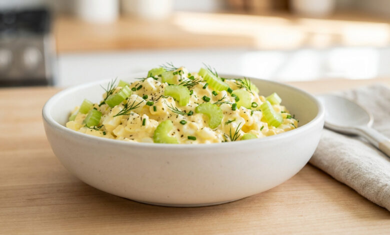 A close-up of creamy, vibrant egg salad in a white bowl, garnished with bright green celery, fresh dill, and chives on a blurred wooden counter.