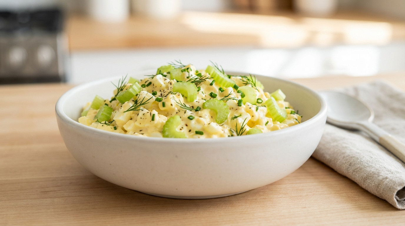 A close-up of creamy, vibrant egg salad in a white bowl, garnished with bright green celery, fresh dill, and chives on a blurred wooden counter.