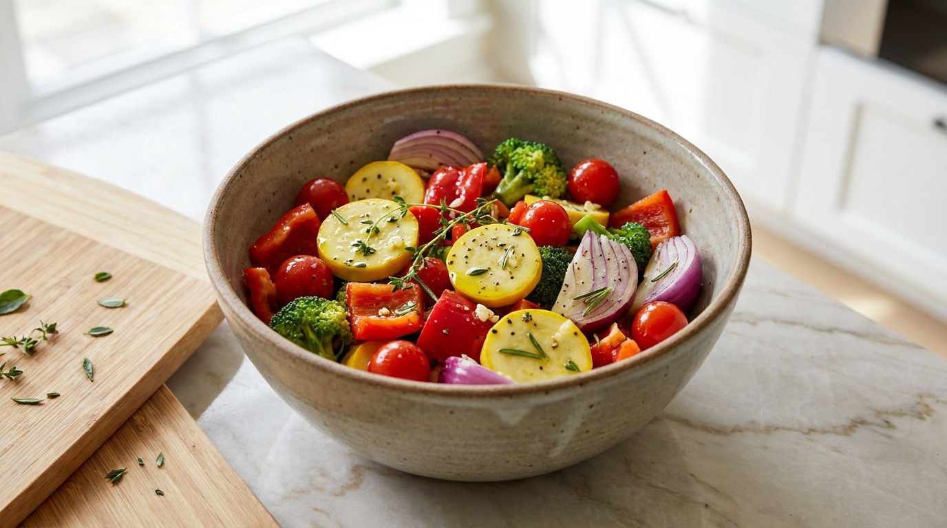 Vibrant, herb-marinated bell peppers, zucchini, cherry tomatoes, broccoli, and red onion in a ceramic bowl on a kitchen counter.