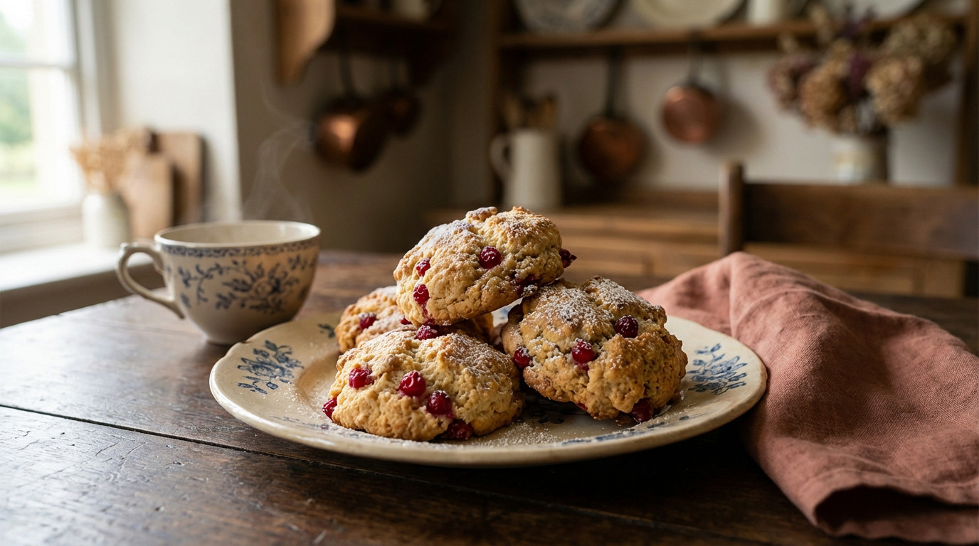 Golden Fat Rascals with red currants on a vintage plate next to a steaming teacup and linen napkin on a rustic table.