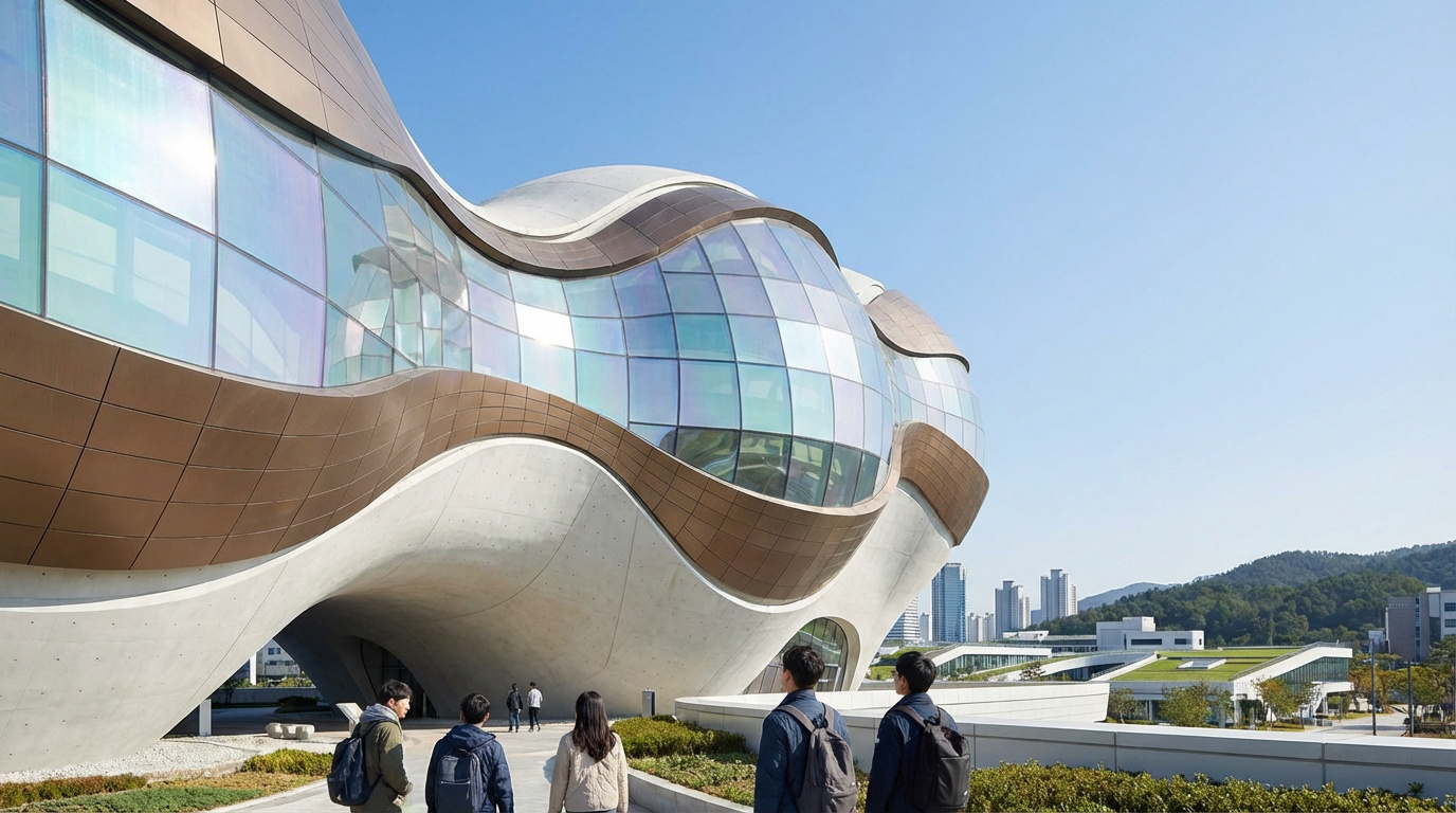 Bâtiment biomorphique futuriste aux façades vitrées incurvées et panneaux couleur bronze, avec des étudiants l'observant.
