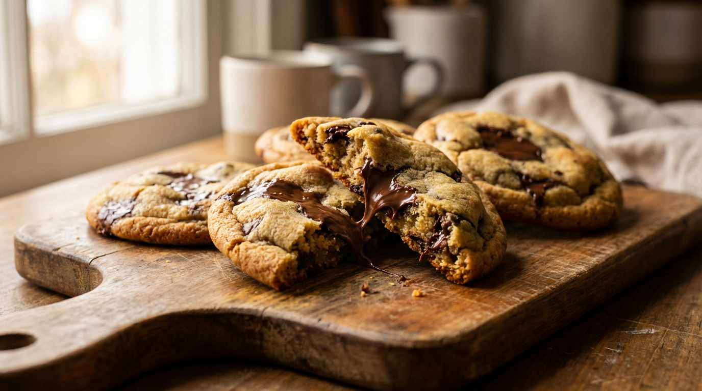 Gros plan sur des cookies moelleux au chocolat sur une planche en bois. L'un est cassé, révélant un cœur fondant et coulant de chocolat.