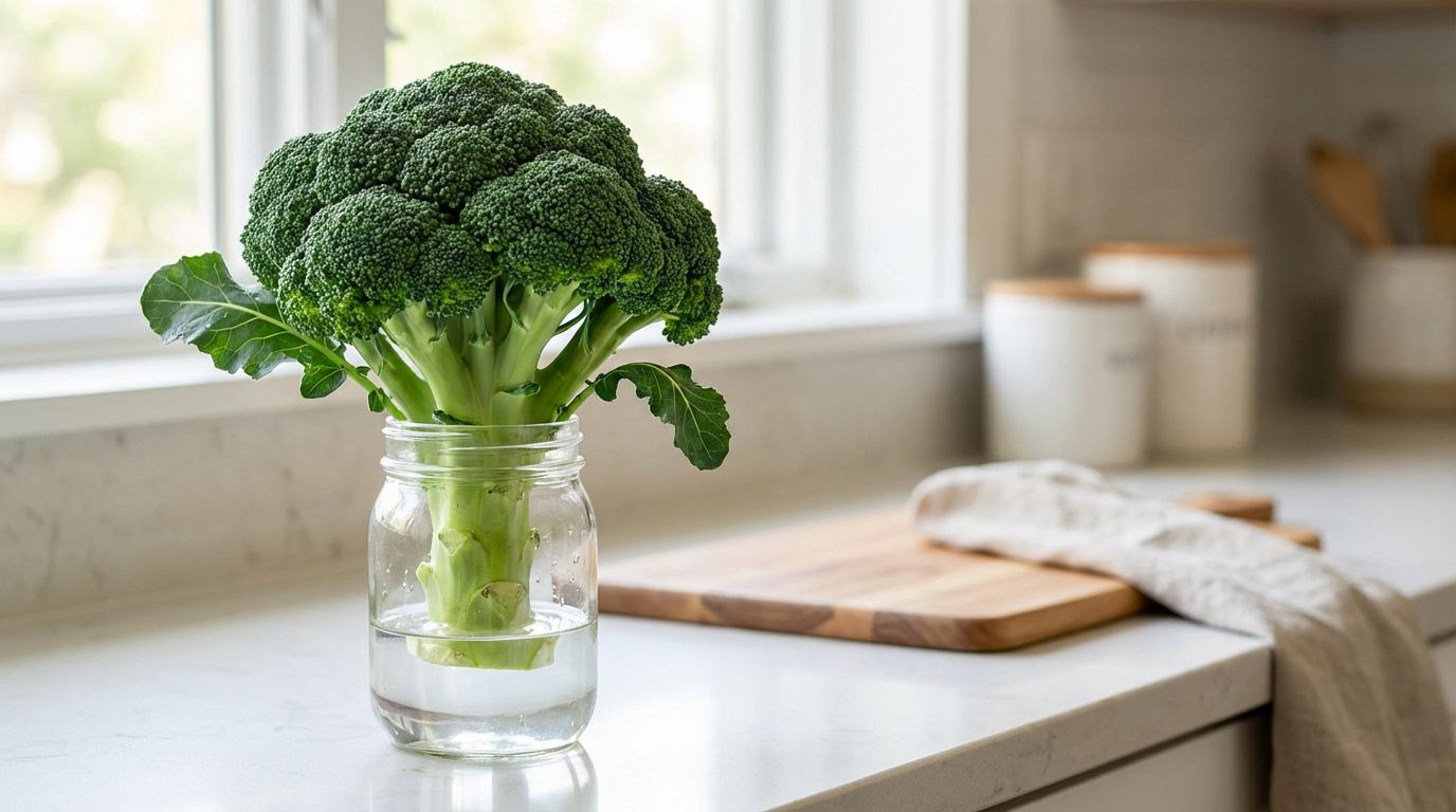 Brocoli frais en pot d'eau sur comptoir de cuisine près d'une fenêtre, symbolisant la conservation.