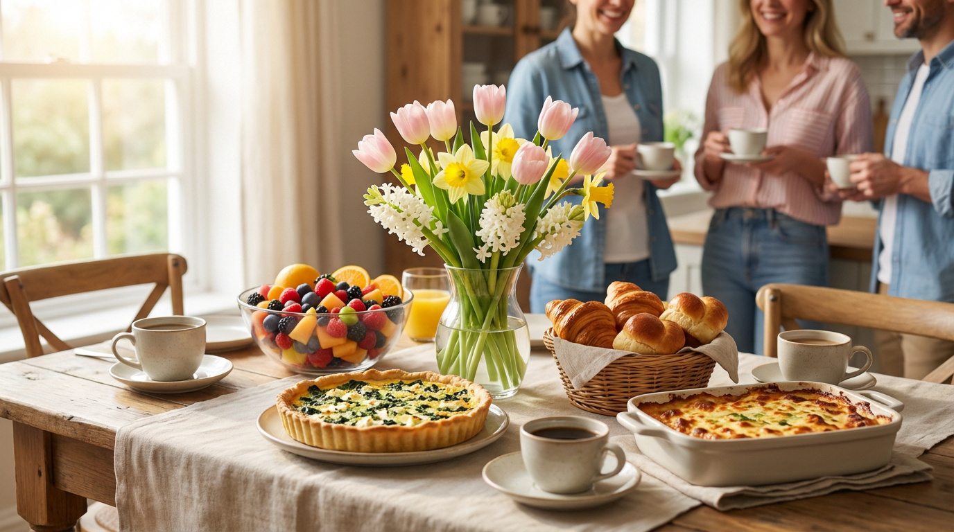 Une table de brunch printanier garnie de quiche, gratin, salade de fruits, viennoiseries et fleurs. Des amis sourient en arrière-plan.
