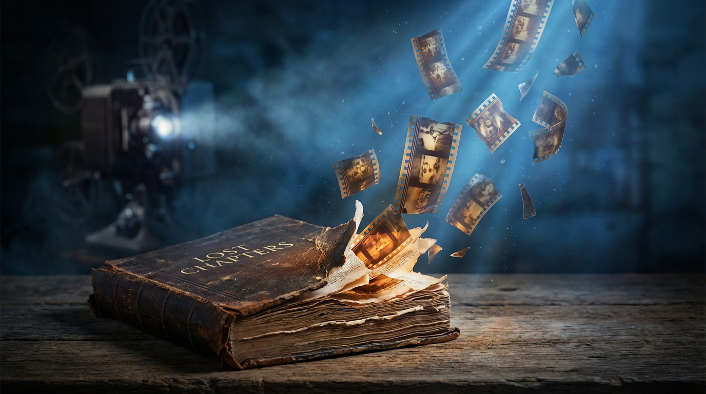 Vieux livre "LOST CHAPTERS" sur bois, pages déchirées s'envolant en bandes de film. Projecteur ancien en arrière-plan.