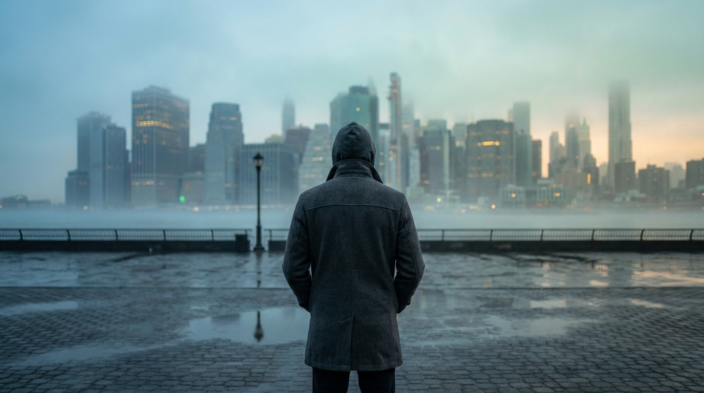 Vue de dos d'un homme encapuchonné en manteau gris, debout sur un quai humide face à une ville brumeuse.