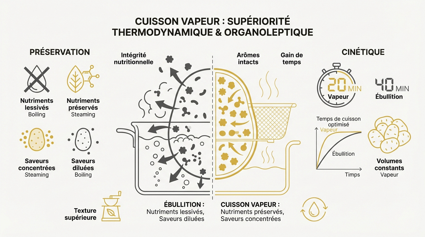 Comparaison technique entre la cuisson à la vapeur et l'ébullition des pommes de terre pour purée