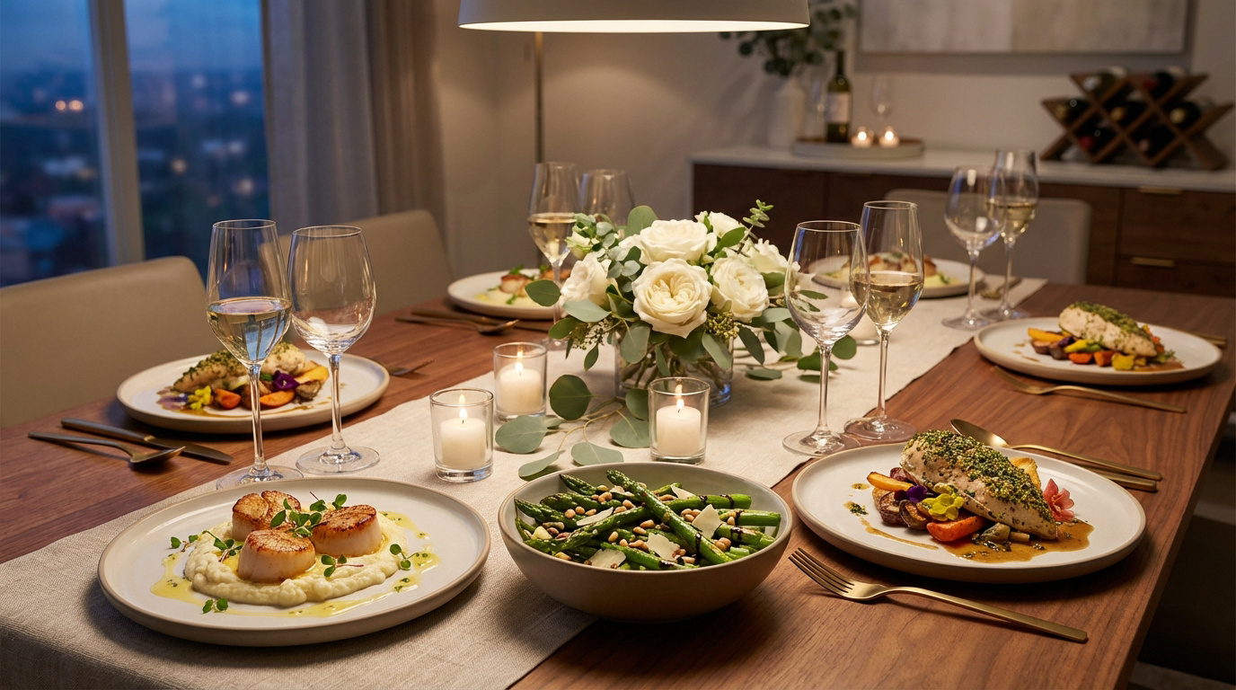 Une table de dîner élégamment dressée avec des plats raffinés, verres à vin, bougies et un centre de table floral.