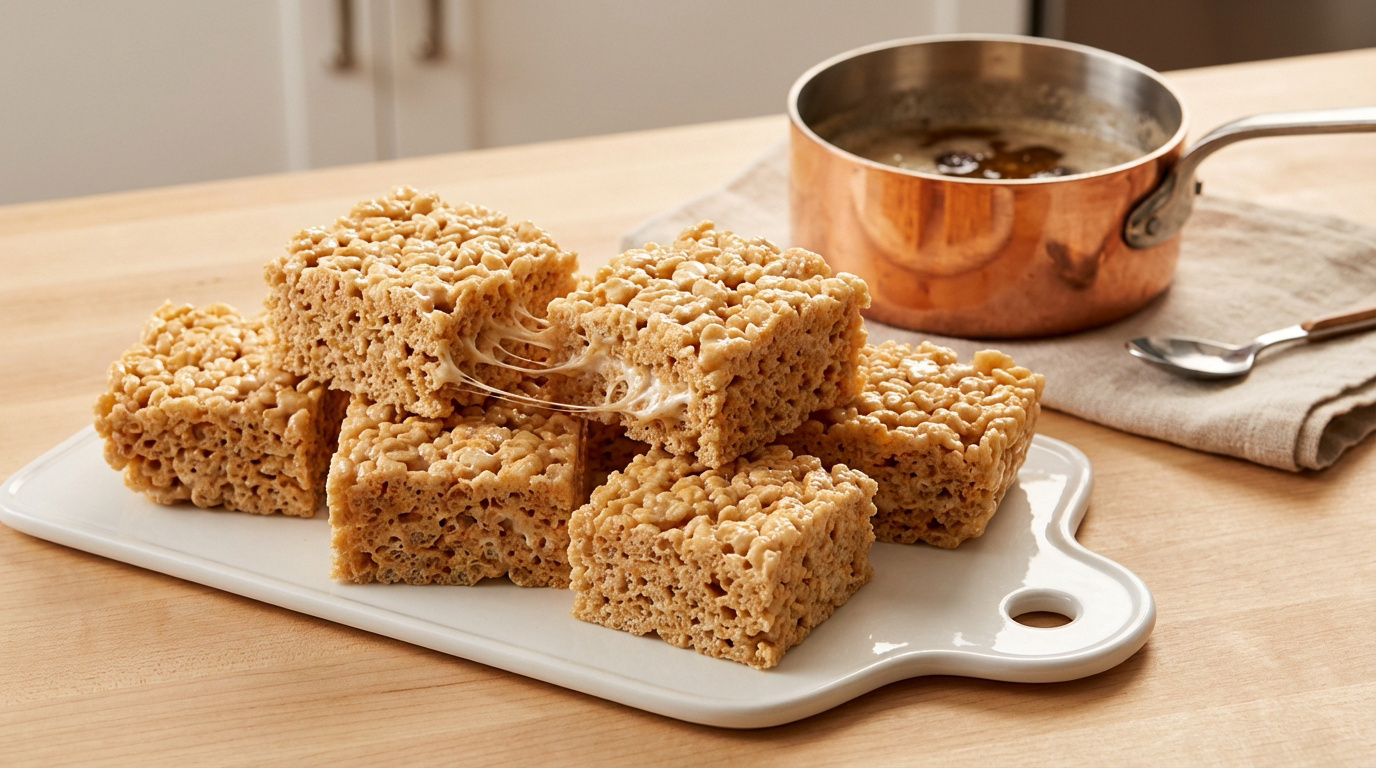 Des carrés Rice Krispies dorés et moelleux sur un plat blanc, avec une casserole de beurre noisette en arrière-plan.
