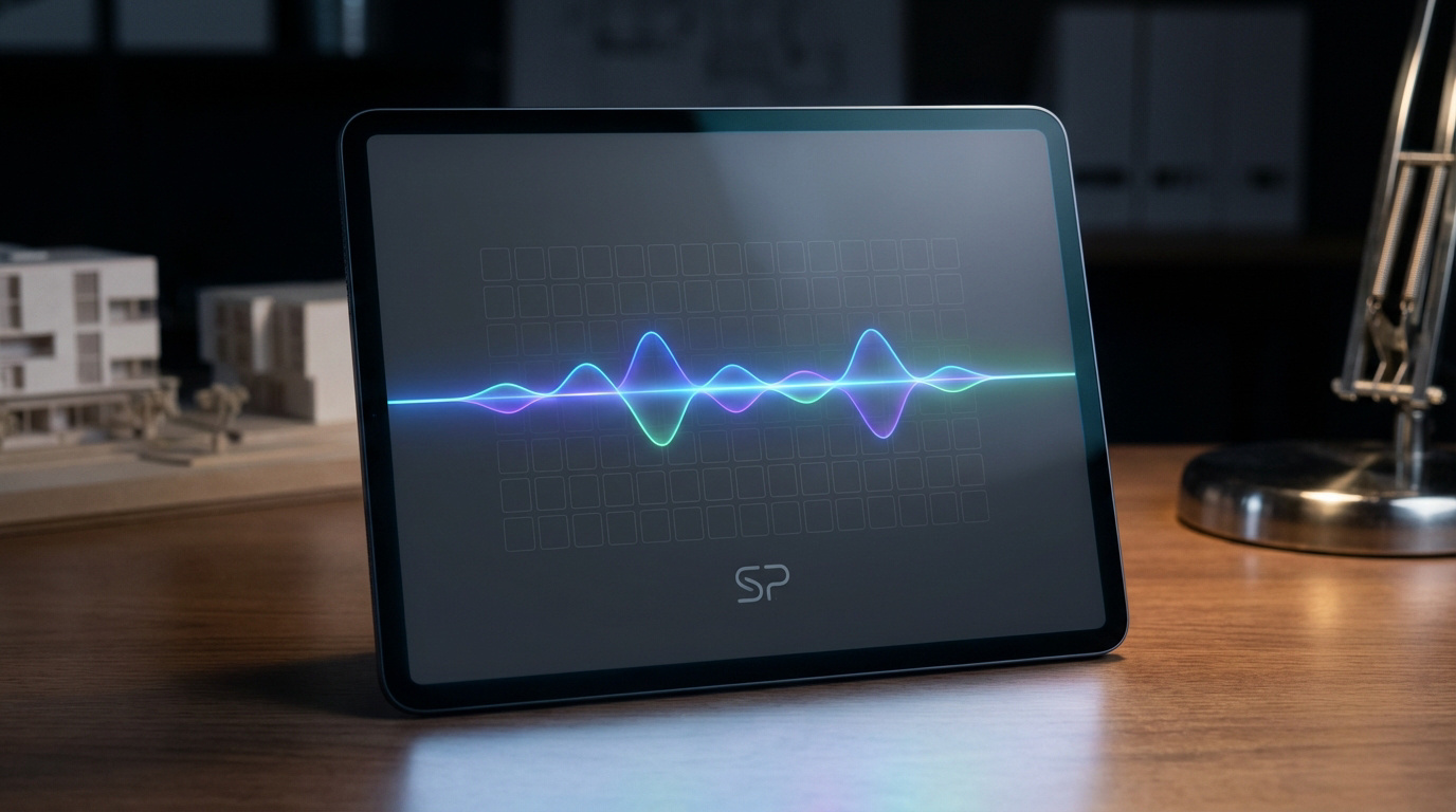 Tablette sur bureau en bois, affichant une onde sonore numérique lumineuse aux couleurs vives (bleu, vert, violet) sur fond sombre. Logo SP.