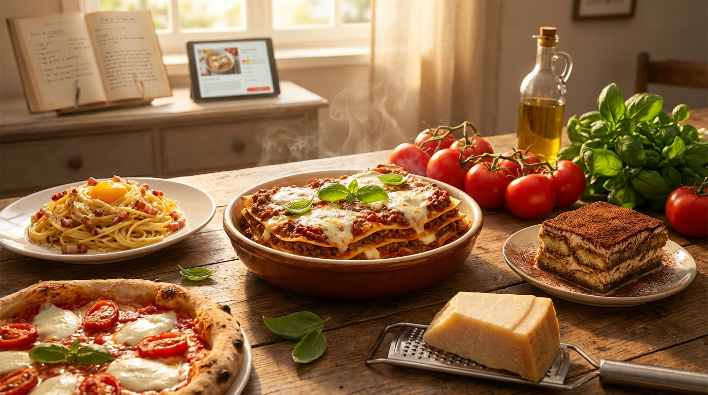 Table rustique avec lasagnes fumantes, carbonara, pizza, tiramisu, tomates, basilic et huile d'olive. Livre de recettes en arrière-plan.