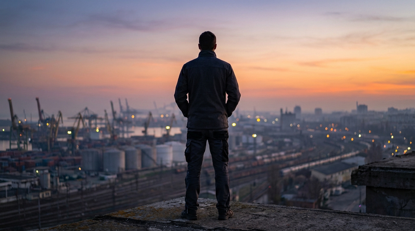 Un homme de dos contemple un vaste paysage urbain et industriel, avec un port, des grues et des voies ferrées, au lever du soleil.