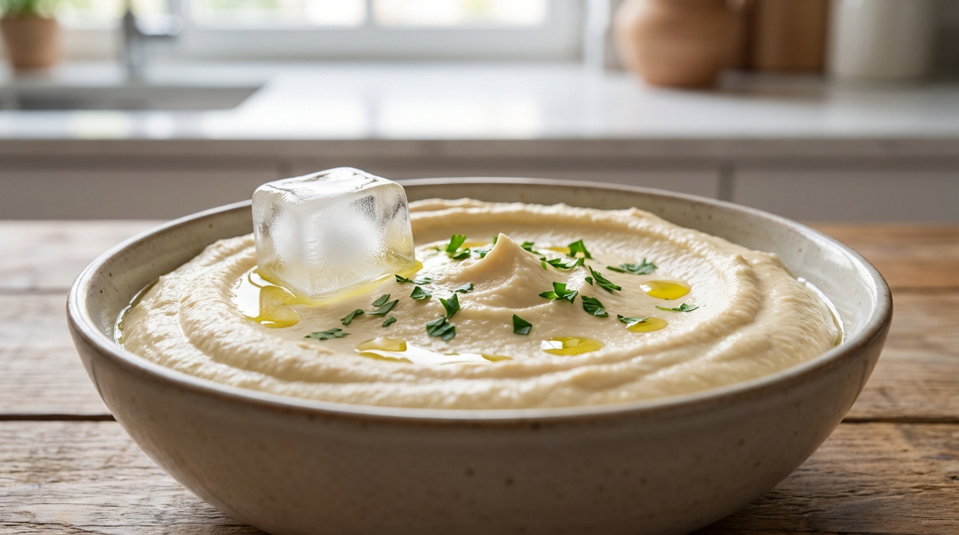 Gros plan sur un bol de houmous onctueux, garni de persil et d'huile d'olive, avec un glaçon fondant au centre sur une table en bois.