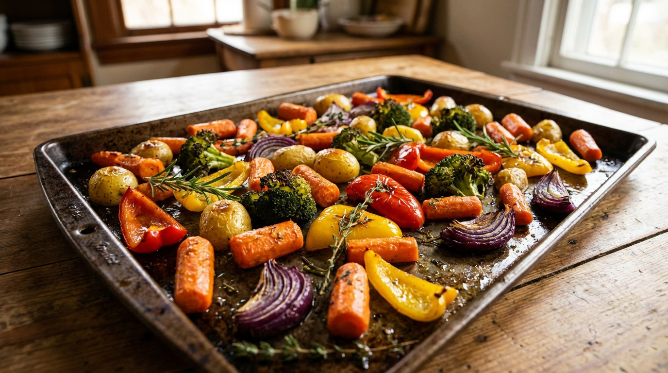 Plaque de cuisson avec un assortiment de légumes rôtis : carottes, pommes de terre, brocolis, poivrons, oignons rouges, assaisonnés d'herbes.
