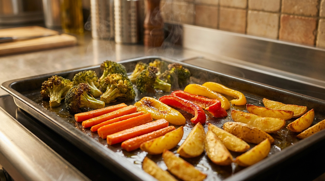 Assortiment de légumes rôtis sur une plaque, incluant brocolis, carottes, poivrons colorés et pommes de terre, prêts à déguster.