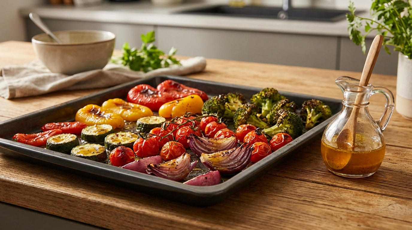Plateau de légumes rôtis variés (poivrons, courgettes, tomates, brocoli, oignons rouges) avec une vinaigrette.