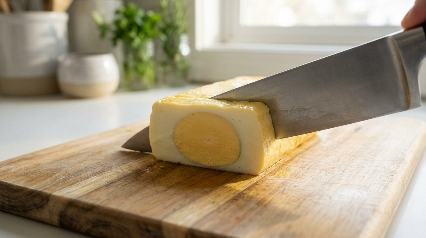 Pain d'œufs cuit et tranché sur une planche en bois. Le couteau révèle un jaune d'œuf parfaitement rond et centré.