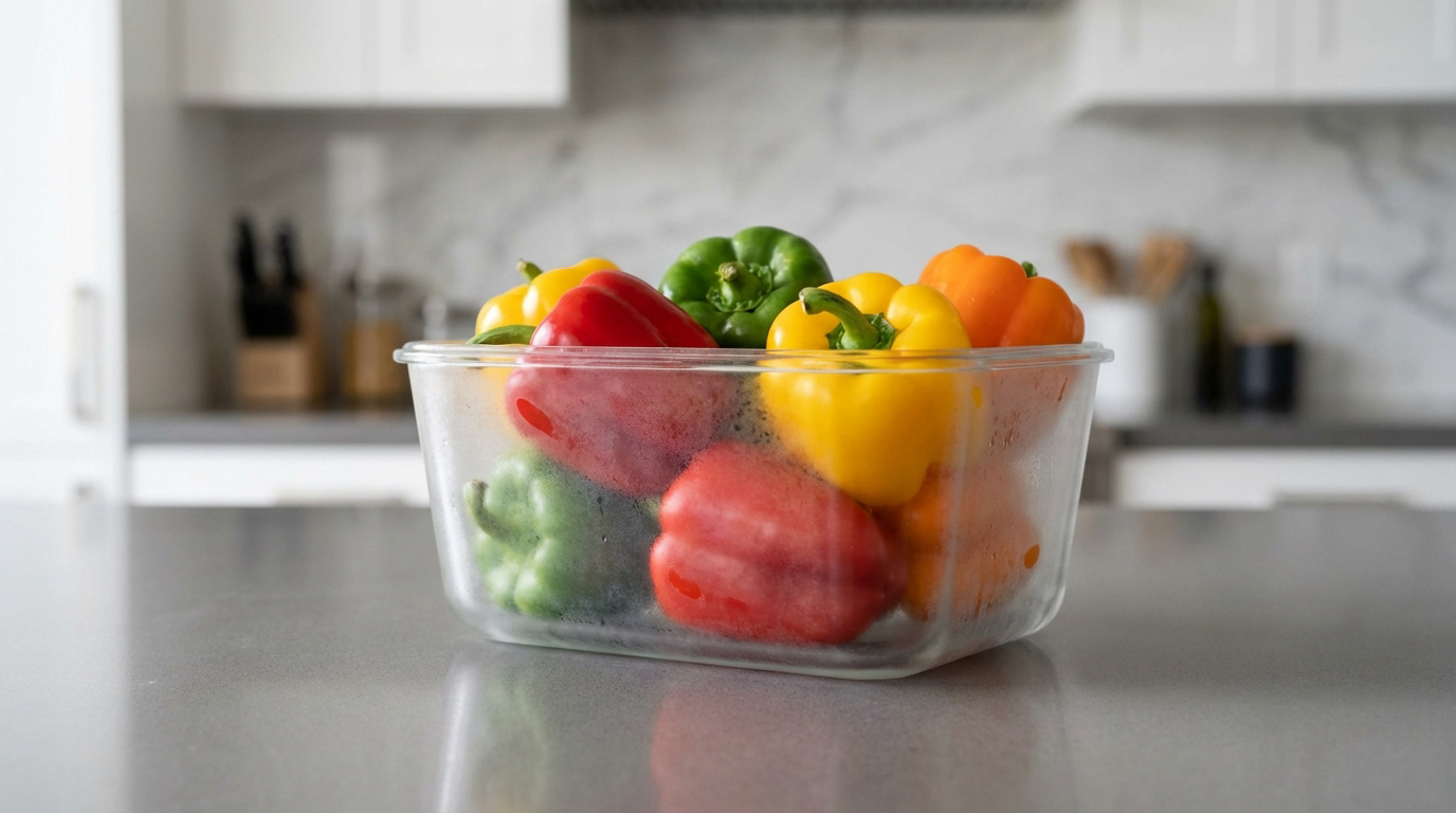 Boîte transparente contenant des poivrons rouges, jaunes, verts et oranges sur un comptoir de cuisine moderne, signalant la fraîcheur.