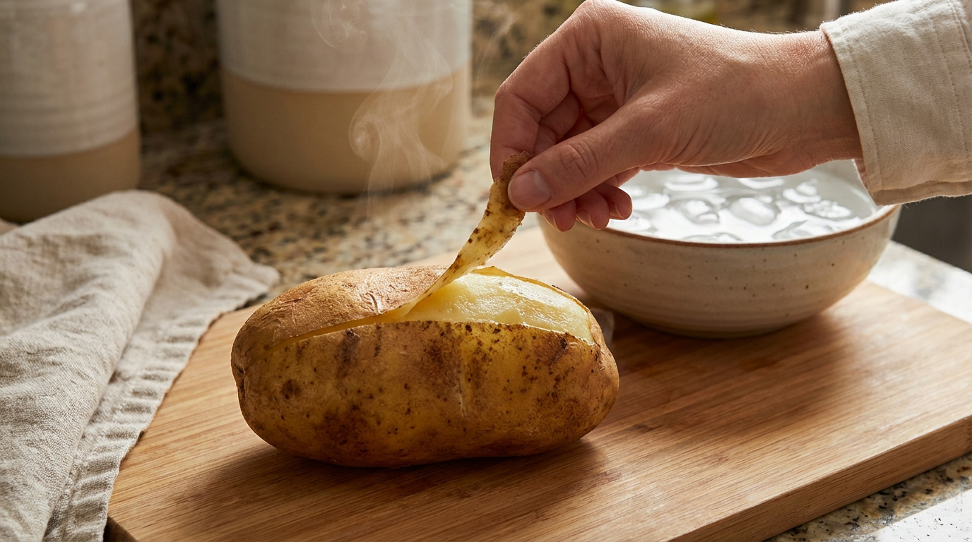 Une main pèle une pomme de terre cuite et fumante dont la peau se retire facilement grâce à une incision circulaire. Un bol d'eau glacée est à côté.